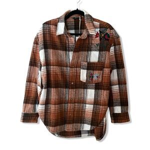 Driftwood Lana Shirt brown plaid flannel floral embroidered button Free People M